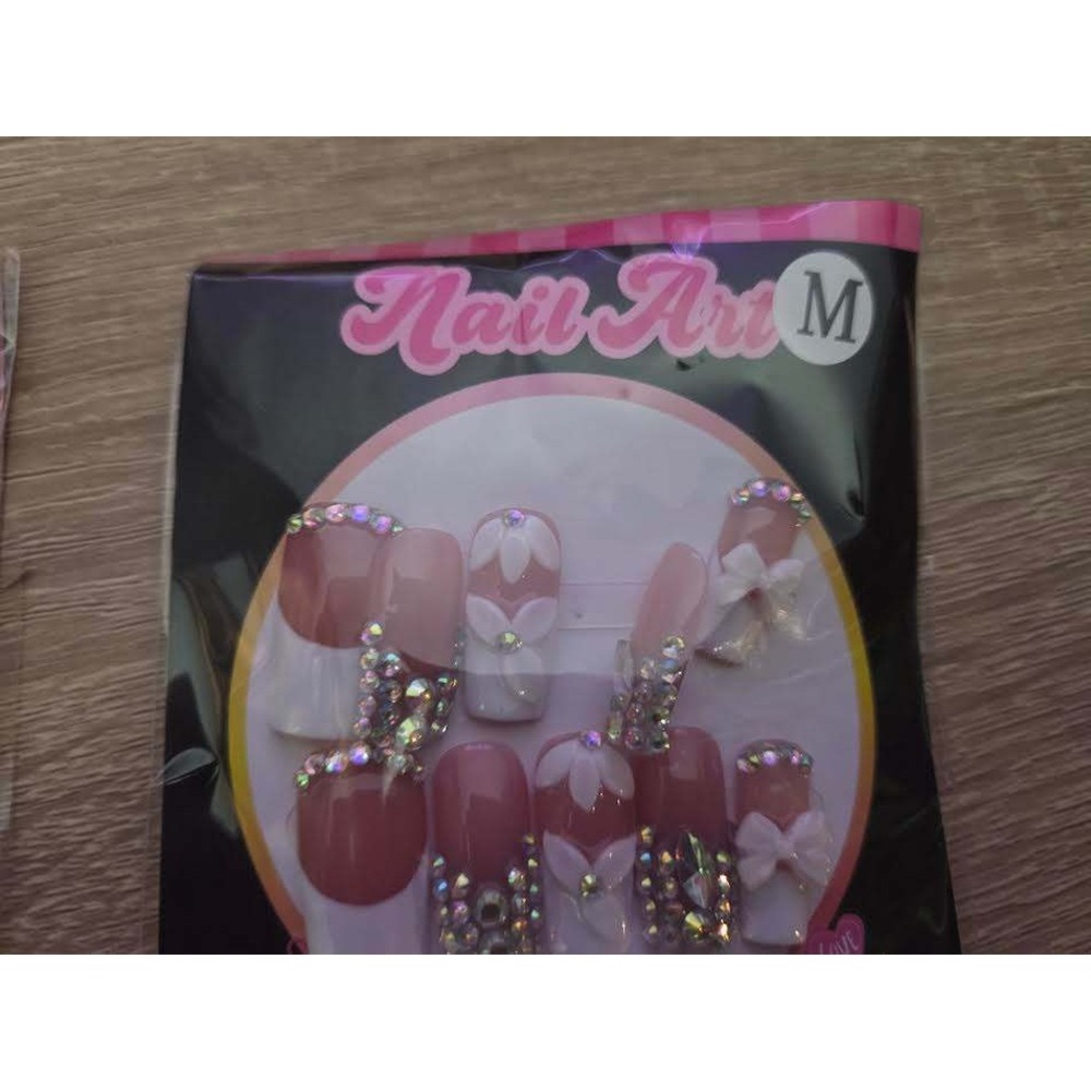 Nail Art 3D Floral Press On Nails Pink French Tip Rhinestone Bows Long Set M